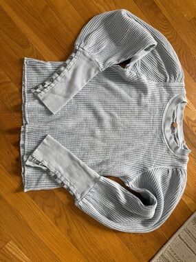 Free People pale blue waffle knit top with copper logo button